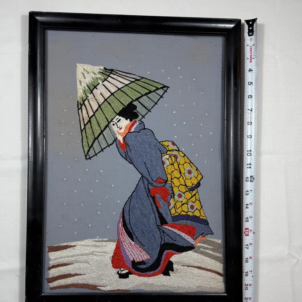 Vintage Asian Japanese Hand Geisha Wall Art Crewel Kimono & Wagasa *see pics**